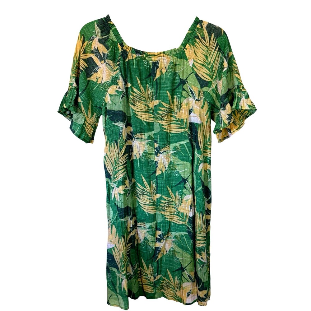 Naif Tropical Floral Shift Dress Womens Medium Green Yellow Ruffle Sleeve Boho - Picture 5 of 10